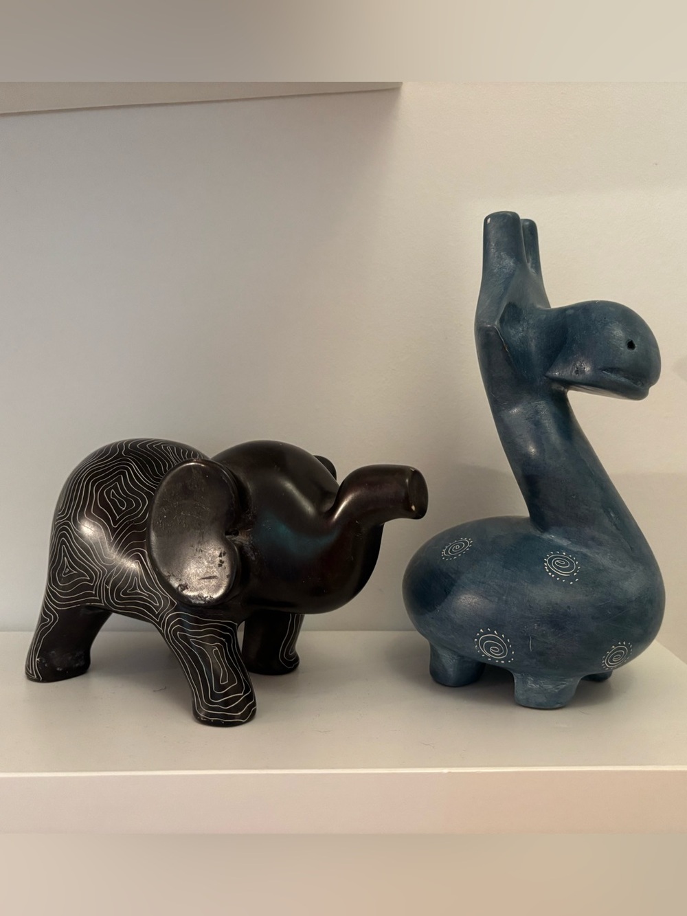 TWO hand-carved soapstone wild animals - elephant & giraffe - from Kenya, Africa